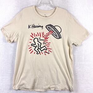 Keith Haring Tshirt Mens 2X Beige UFO Abduction Embroidered NYC Graffiti 80s 90s